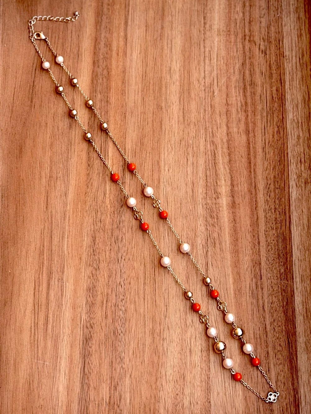 Gold Chain Necklace with Orange and Cream Beads